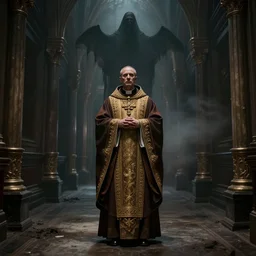 a hyper realistic and detailed catholic priest standing in a dark dirty hallway with a banshee, wide angle 7 0 mm lens, volumetric haze, front facing camera, symmetrical, photorealistic, insanely detailed and intricate, epic, hyper realistic, elegant, ornate, elite, horror, creepy, ominous, haunting, cinematic lighting, unreal engine, cinematic centered camera, high detail, no blur, unreal engine 8 k