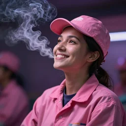 maintenance woman who is high ; dreamy smile on her face, smoke in the background, looking towards the sky, pink, purple vibes, bokeh, graflex