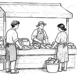a black and white drawing of a fish market, a storybook illustration by mattias adolfsson, behance contest winner, modern european ink painting, matte drawing, storybook illustration, cityscape
