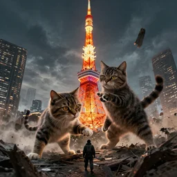 cat attacking Tokyo, disaster movie poster, concept art, masterpiece, masterwork, artstation, cgstudio