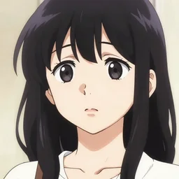 close shot from below of manga cute young adult girl with worried expression, sorrow, front shot, in sumi e by yoji shinkawa, shikinami asuka langley, johfra bosschart, black and white, hyper detailed, long black hair, in school uniform, sitting in a chair