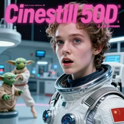 Cinestill 50d, 8K, 35mm,J.J Abrams flare; beautiful ultra realistic vaporwave minimalistic pointé posed seinen manga yoda pilot in space(1950) film still medical lab scene, 2000s frontiers in blade runner retrofuturism fashion magazine September hyperrealism holly herndon edition, highly detailed, extreme closeup three-quarter pointé posed model portrait, tilt shift background, three point perspective: focus on anti-g flight suit;pointé pose;open mouth,terrified, eye contact, soft lighting