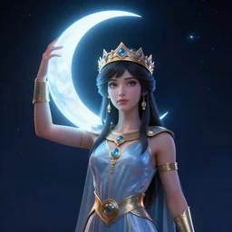 artemixel, the modern reincarnation of the old selenium greek god of hunt, also known as artemis the selene, carrying the celebrated crown of the crescent moon wich its usual bright and slightly bluish crescent like the brightness of the night. in the cartoonist style of moebius, 8 0 s sci - fi, character design, 3 d render, unreal engine 5, ray tracing, hyper detailed