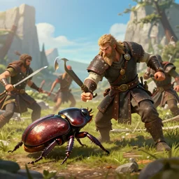Ancient viking warrior battles a giant beetle, highly detailed, 2d game fanart behance hd by Jesper Ejsing, by RHADS, Makoto Shinkaih and Lois van baarle, ilya kuvshinov, rossdraws global illumination, cinematic , hyper-reslistic, depth of field, coherent, high definition, 8k resolution octane renderer, artstation