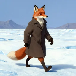 an anthropomorphic fox man wearing a long coat walking across a glacier, character illustration by Aaron Miller, Greg Rutkowski, thomas kinkade, Howard Pyle, disney, El Greco, Cynthia Sheppard, detailed hands