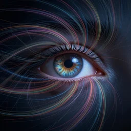 millions of thin threads of color twist and whirl confusingly around god's eye in strong winds across a dark night sky, highly detailed, unreal engine