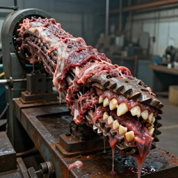 a close up of an elongated machine made of teeth and raw meat rust, in a factory, concept art by giger, cgsociety, assemblage, trypophobia, greeble, grotesque, biomechanical tooth pulling tooth pulling extraction, industrial saliva