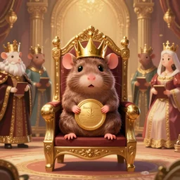 a sewer rat wearing a golden crown, sitting on a throne, in a throne room, rats dressed as lords and ladies, prize winning, trending on artstation, fantasy illustration, warm tones, comedic, digital art, extremely detailed