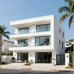 modern detailed white mansion by the beachside, with palm trees and glass windows