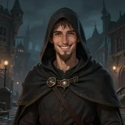 4 0 years old man, skinny, slim, friendly, smiling, happy : : goatee beard : : hooded cloak : : medieval city, night, dark, grim, high detail, digital art, rpg, illustration