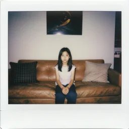 a ten - year - old girl sitting in a living room designed by yohji yamamoto, polaroid