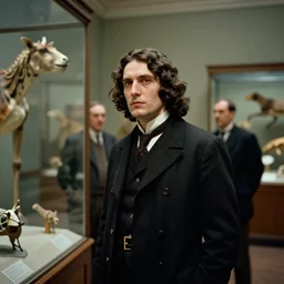 an image of a archduke visiting the museum of nature in a medium full shot, vintage historical fantasy 1 9 3 0 s kodachrome slide russian and japanese mix, with fair skin, long, wavy dark brown hair, and auburn eyes. he is photographed touring the museum with museum guides.