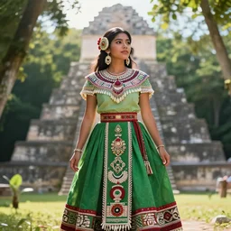 photorealistic illustration of a beautiful guatemalan mayan princess in tikal, beautiful dress, ceremony, tribal clothing, green color scheme, beautiful, dreamatic backlighting