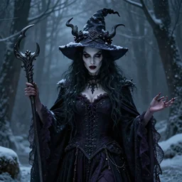 an evil beautiful winter witch by greg rutkowski, dark fantasy, hyper detailed, hyper realistic, 8 k, trending on artstation