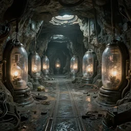 a hall with cryocapsules in an underground structure created by an ancient civilization, close up peter mohrbacher, featured on artstation, octane render, cinematic, rugged, intricate, 8 k