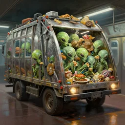 dieselpunk detail painting of subway garbage car full of aliens eating old food, deep displacement, back light, reflections, raytracing, raymarching, subsurface scattering, digital art, painted by anton pieck