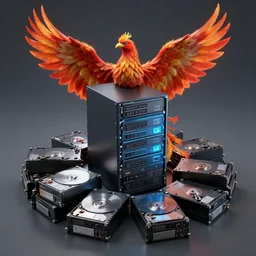 a phoenix sitting on a pile of harddisks protecting a database, 8 k, 3 5 mm, atmospheric, highly detailed, sharp focus