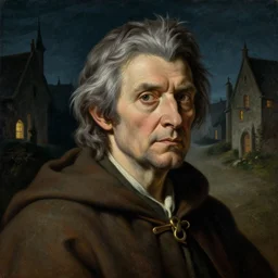 Portrait of an eldery hobbit with grey hair combed back, wearing a cloak, a night time medieval town in the background, 4k oil on linen by caravaggio, highly detailed, dramatic lighting 8k resolution