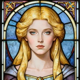 masterpiece head-on symmetrical centered portrait, Natalie Dormer as a paladin, blonde hair, art nouveau, gothic stained glass style, tarot card style, elegant, distant, in the style of Edgar Maxence and Ross Tran and Zdzisław Beksiński and Michael Whelan and Mucha and Gustave Doré, specular highlights, 8k, octane render