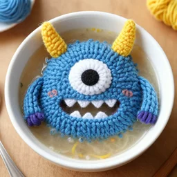 a bowl of soup that looks like a monster, all as knitted yarn