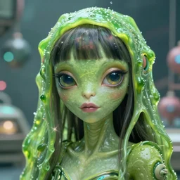 portrait of my ethereal waifu cute innocent green slimy alien female froggy lady, ana de armas, with adorable uwu eyes painted by greg rutkowski, wlop, 7 0 s scifi