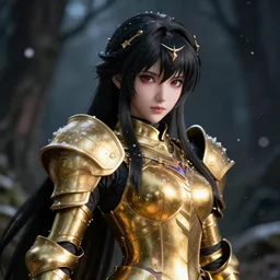 focus face portrait of beautiful darkness knight 3D anime girl, posing, golden armor wearing, dark forest background, snowing, bokeh, inspired by Masami Kurumada, digital painting, high contrast, unreal engine render, volumetric lighting, high détail