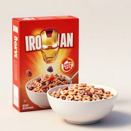 mid product still of Ironman cereal with a box and a bowl of glowing reactor core o’s, 4k, red and gold