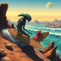 surfing with the alien by beeple, artgerm, salvador dali, bruce pennington, frank, stella, makoto shinkai, angus mckie, alex grey, don bluth, ernst haeckel, chris moore, kaja foglio, andre masson, dr. suess, brian despain, chesley bonestell. symbolism, surrealism, artstation,