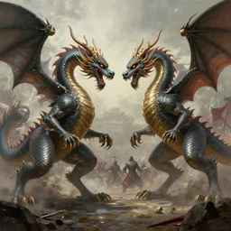 a painting of a battle between two huge, ancient dragons, fought to the death, hyper detailed, digital art, trending in artstation, cinematic lighting, studio quality, smooth render
