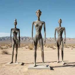 surrealist sculpture figures by max ernst in a california desert landscape