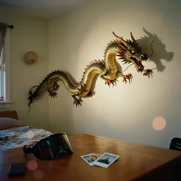 3 d dragon popping out of curved wall, volumetric lighting, bedroom, visor, users, pair of keycards on table, bokeh, creterion collection, shot on 7 0 mm, instax