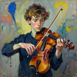 portrait of a young violinist focusing and violin hanging in air painted by vincent lefevre and hernan bas and pat steir and hilma af klint, psychological, symmetrical face, dripping paint, a lot brush marks, james jean rendition on behance, high quality render, altermodern, masterpiece