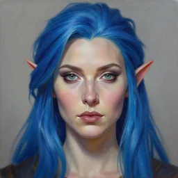 a detailed matte oil on canvas head on symmetrical portrait of a distinguished elven woman with separated blue hair ( ( ( ( ( makeup ) ) ) ) ) by charlie bowater and lise deharme wlop, trending on artstationhd, dungeons and dragons art critical role