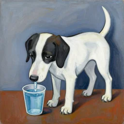 pablo picasso style painting of a dog drinking it's last cup of water, defined dog shape