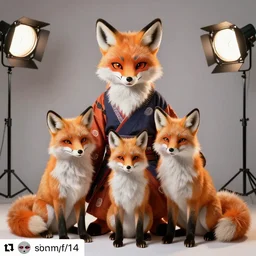 anthropomorphic edo period japanese fox family portrait, fursuit, cosplay, trending on instagram, photography, sigma 8 5 mm f / 1. 4, studio lighting