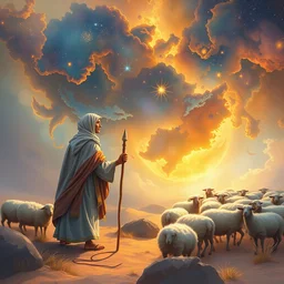 bedouin father herding sheep a surrounded by nebula, highly detailed, gold filigree, romantic storybook fantasy, soft cinematic lighting, award, disney concept art watercolor illustration by mandy jurgens and alphonse mucha and alena aenami, pastel color palette, featured on artstation