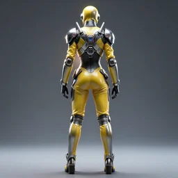 futuristic warrior with latex and steel details, with his back to the viewer, futuristic space suite, back light, full body view, 8 k, 3 d render, cinematic lighting