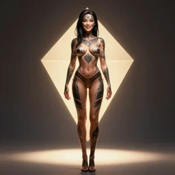 full body character, beautiful woman smiling, symmetrical facial features, tattooed, geometric lighting : : octane render, 8 k resolution, high quality, digital art, fantasy