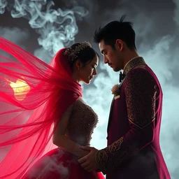 wedding, by tom bagshaw and greg rutkowski, red fabric, fiber amethyst weaving into strands of smoke and brass and iron metal filigree joining into carbon fiber strands, fractal shapes, white explosions, dramatic lighting, ultra detail, close up, dof, smooth render, cinematic, octane render