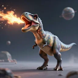 an alien t-rex bursting fire out of its mouth in an unknown planet, octane render, bokeh, 3D