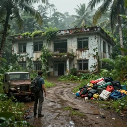 on rainy days, the last of us : the style of part 2, an office building that has been forgotten for many years in the tropical rain forest, a potholed mud road, a rusty jeep, and a pile of rescue materials. everything is covered by vegetation. by sergey vasnev and jan urschel, matte painting, real lighting, ponding