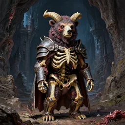 A little vibrant. A spiked horned detailed bear-semihuman skeleton with armored joints stands in a large cavernous dark castle with a pebble in hands. Wearing massive shoulderplates, cloak. Extremely high details, realistic, fantasy art, solo, masterpiece, bones, ripped flesh, colorful art by Zdzisław Beksiński, Arthur Rackham, Dariusz Zawadzki, Harry Clarke