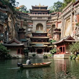a man on a small boat on a lake, ancient buildings in a deep pit, highly vertical classical temples, leica sl 2 3 5 mm, high quality