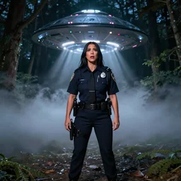 kim kardashian as a cop wearing a police uniform, full body pov, emotion scared, night time forest with a ufo sitting in the fog, pretty, aesthetic, matte detailed photo, DeviantArt, Artstation, by donato giancola, ralph horley, loish, ufo lighting