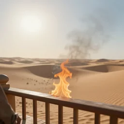 realistic photo of a person burning on the balcony, desert dunes in the background, big sun in the sky, realistic, soft natural volumetric lighting, beautifully detailed 4 k octane render, 4 k post processing 8 k
