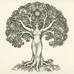 a highly detailed tattoo outline of the tree of life shaped like a woman with arms raised, by roger dean and andrew ferez, art forms of nature by ernst haeckel, divine chaos engine, symbolist, visionary, art nouveau, organic fractal structures, surreality, detailed, realistic, ultrasharp