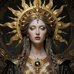 an extravagant elegant sun goddess detailed polished portrait shot by android jones luminokaya in visionary fineart style. fantastic realism. 8 k hyper ornated maximalist and very detailed. elite luxury decorative darkfantasy, goddess by andrei riabovitchev, tomasz alen kopera. influenced by giger and peter gric