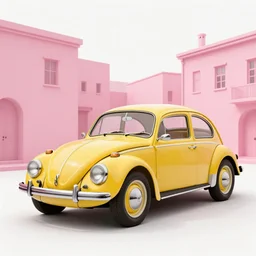 scene yellow volkswagen beetle, pink city, art by ismail inceoglu, artstation
