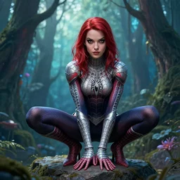 A beautiful Spiderwoman wearing armor , posing on a rock in a magical forest, super detailed and realistic face, fantasy art, in the style of Artgerm, illustration, epic, fantasy, intricate, hyper detailed, artstation, concept art, smooth, sharp focus, ray tracing, vibrant