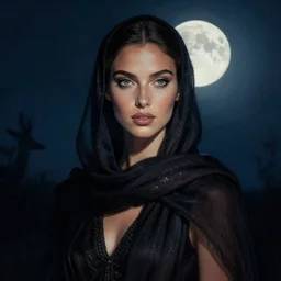 detailed portrait in mysterious femininity, ethnic, clear eyes, statuesque, gazelle - like, confident realistic face, radiant skin, dark gown and scarf, svelte fashion design, bathed in moonlight, chiaroscuro, impressionism, midnight, natural color scheme, silhouette, glint highlights, deep rich hues, crisp illustration